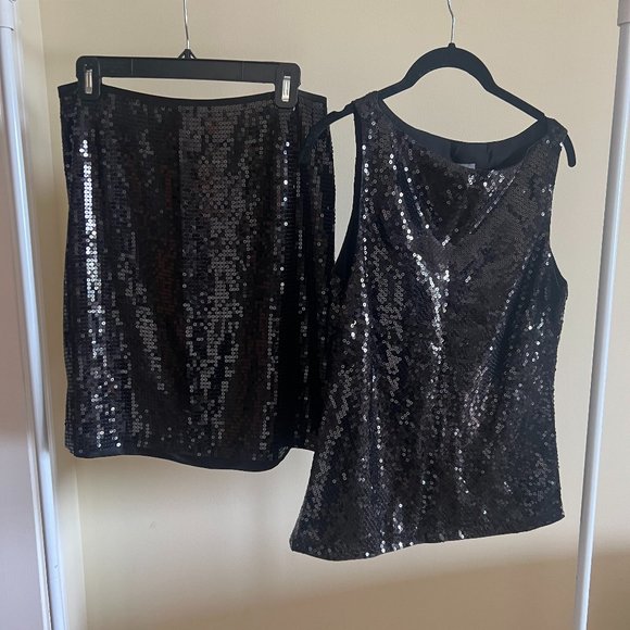 2-piece Black Sequin party mini dress, top size 8, skirt size 6, Ann Taylor - Picture 1 of 9
